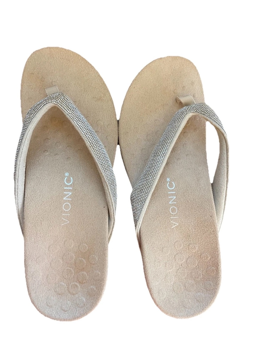 Vionic Women's Cream Suede Dillion Rhinestone Thong Sandals Support - Picture 6 of 6